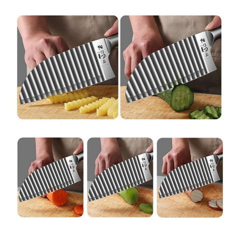Stainless steel crinkle cutter knife with ribbed, wavy blade for slicing potatoes and vegetables on a cutting board