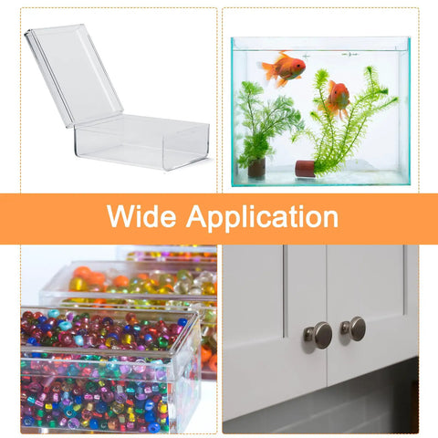 Pair Of Hella Durable Acrylic Hinges For Cabinets Drawers And Displays 75X45Mm Self Adhesive Black Piano Folding Hinges For Diy Crafts And Home Makeover in use with a clear storage box, fish tank, and beads.