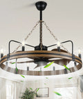 Beaded Wood Chandelier With 6 Candle Lights Rustic Farmhouse Pendant Ceiling Light In Black hanging in a rustic styled room.
