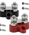 Two Pack Battery Terminal Distribution Block With M8 Dual Studs For Car Auto Boat Truck And RV Heavy Duty 12V Power Busbar Block Negative Positive Keeps Wiring Neat, red black with screws