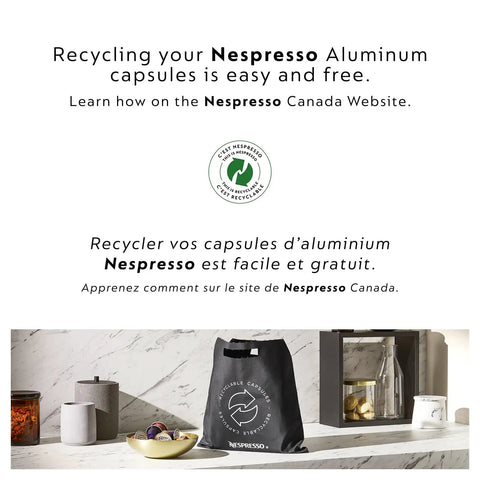 Text promoting Nespresso Canada capsule recycling program, with kitchen items and recycling bag displayed on countertop.