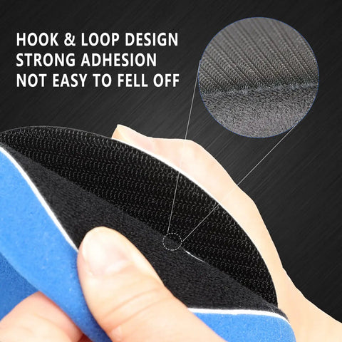 Close-up of Six Piece 6 Inch Buffing Polishing Pad Kit with sponge and wool showing hook and loop design with strong adhesion.