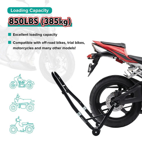850 Lb Motorcycle Paddock Stand for Sport Bikes Rear Wheel Lift Swingarm Black Heavy Duty Steel, shown lifting a motorcycle