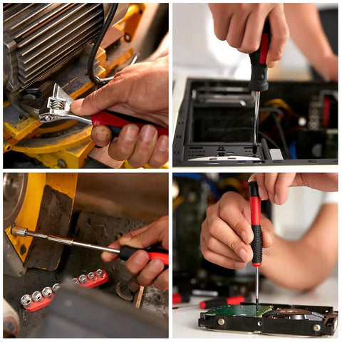 Collage of Cordless Drill And 108 Piece DIY Tool Kit with 16.8V Lithium Driver in use on machinery and electronics