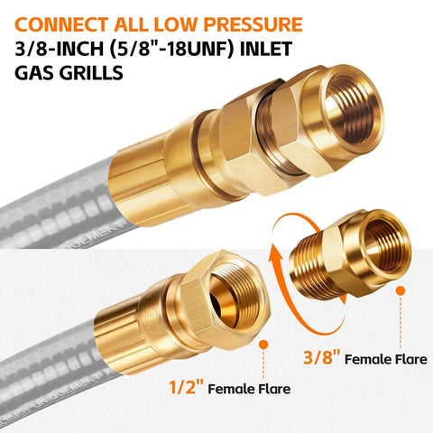 Close-up of connectors on Six Foot 0.5 Inch Inner Diameter Natural Gas Hose With Quick Connect Fitting Low Pressure Ready Conversion Kit