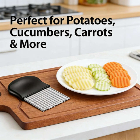 Potato cutter with black handle and stainless steel wavy blades on a wooden cutting board, angled view.