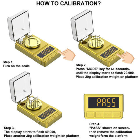 Gold Precision Milligram Scale 100G Capacity With 0.001G Readability shown with calibration steps and display screens