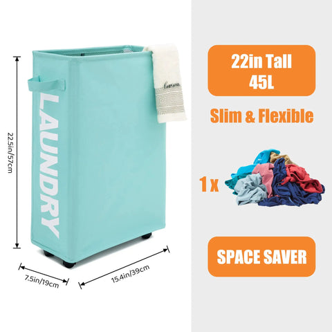 22 Inch Rolling Slim Laundry Basket With Stand On Wheels Foldable Waterproof Hamper Tall Narrow Laundry Organizer For Small Spaces Easy To Move In Narrow Corners Light Blue
