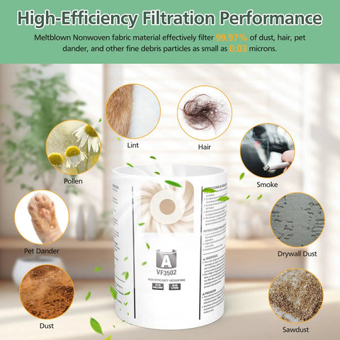 12 Pack VF3502 Vacuum Bags For 12 To 16 Gallon Wet Dry Vacuums filtering dust, hair, and smoke with high-efficiency filtration