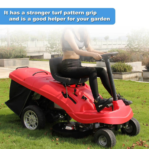 Red riding mower on grass with Two Pack 10x4.00-4 Pneumatic Wheel Set With Steel Rim For Mowers Hand Trucks Carts Wheelbarrows And Utility Wagons