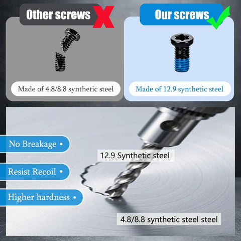 Comparison image of Top Shelf 8-40 Gunsmithing Screws and Slick Install Wrench Kit showing materials and features of screws.
