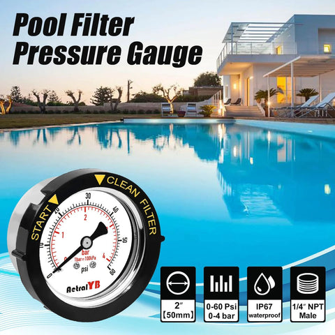 AetralYB pool filter pressure gauge with 2-inch dial, 1/4 in. NPT back mount, 304 stainless steel case, IP67 waterproof