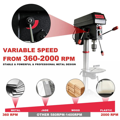 12 Inch Benchtop Drill Press With Six Pole Variable Speed 360 To 2000 RPM Three Quarter HP Power Bench Drill visible with speed info