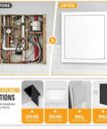 Heavy Duty Aluminum Flush Mount Access Panel, Slick Push To Open Ceiling And Wall Hatch For Drywall, No Sweat Fuse Box Cover, Black 8X12 Inch seamless flush design, before and after installation.