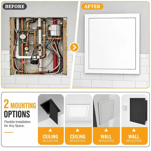 Heavy Duty Aluminum Flush Mount Access Panel, Slick Push To Open Ceiling And Wall Hatch For Drywall, No Sweat Fuse Box Cover, Black 8X12 Inch seamless flush design, before and after installation.
