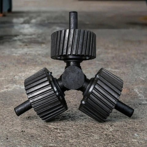 Heavy Duty Machine Roller Replacement Featuring Triple Wheels And Solid Core Built Tough For High Pressure Spin Works Like A Champ On Industrial Feed Machinery Rigs, showing three grooved wheels.