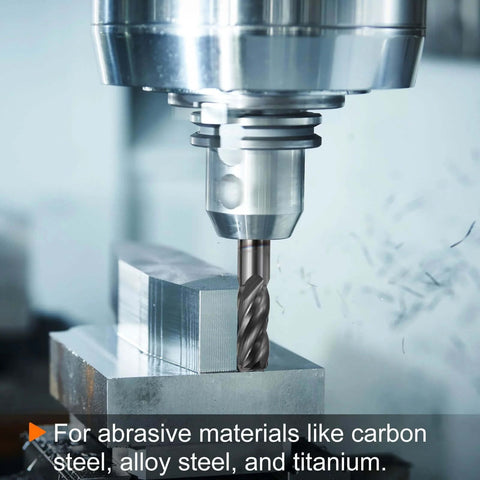 HARFINGTON carbide square-nose end mill in CNC spindle cutting metal block; TiAlN coated; 11/64 dia