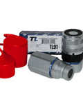 Drop-In Flat Face Hydraulic Quick Connect Coupler With One Inch Npt Threads And Dust Caps For Tractor And Backhoe ISO 16028 Heavy Duty Rigging Kit Job Site Ready with red dust caps and gray body.