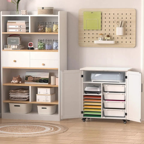 Rolling Craft Cart With Storage Cabinet And Drawers For Cricut Projects next to bookshelf, four plastic drawers visible
