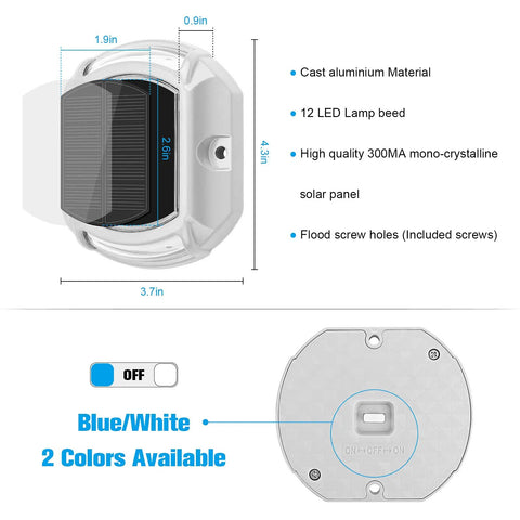 Diagram showing Solar Powered LED Outdoor Lights For Driveway 4 Pack Two Color Switchable White And Blue, dimensions, and features.