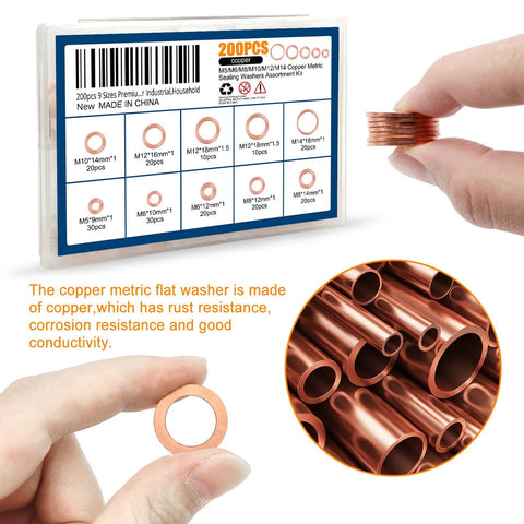 Copper metric flat washers assortment kit in plastic case, 200pcs in sizes M5-M14 for industrial and household use