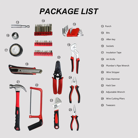 All In One 238 Piece Home Tool Set For DIY Repairs With Wrenches Hammers Hex Keys And Storage Case Premium Steel Chrome Finish Built To Last Perfect For Weekend Warriors And Quick Home Fixes, tools displayed with labels.