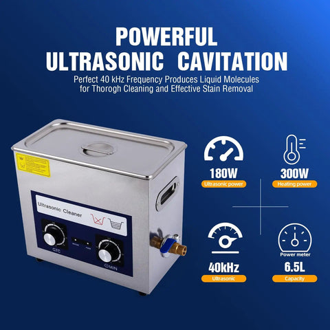 Heavy Duty 6.5L Ultrasonic Cleaner With Heater And Timer 180W Stainless Steel Bath Delivers 40KHz Deep Cleaning, product display