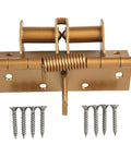 Self-Closing Door Hinge With 90-Degree Hold Open, Spring Loaded, gold finish, with screws visible