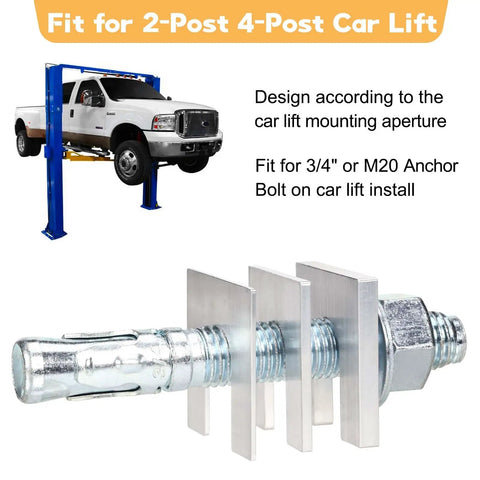 Rock Solid Sixty Piece Auto Lift Leveling Shims Kit For Two And Four Post Vehicle Hoists Hella Durable T6061 Aluminum Alloy components with anchor bolt.