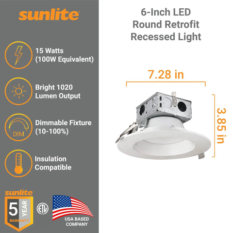 6-Inch Round LED Recessed Lighting Kit For Home, 15 Watts 100W Equivalent, 1020 Lumens, Dimmable, ETL Listed, Cool White, Side View