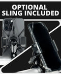 All Metal Motorcycle Phone Mount With 20MAXX Vibration Dampening Spring Cradle shown with optional sling on handlebars