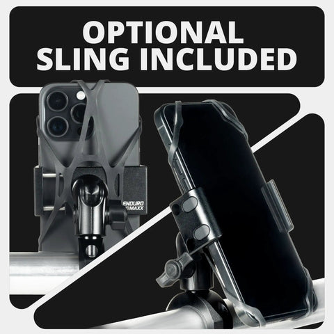 All Metal Motorcycle Phone Mount With 20MAXX Vibration Dampening Spring Cradle shown with optional sling on handlebars