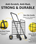 Space Savvy Shopping Cart With 360 Degree Swivel Wheels in black. Foldable, lightweight, non-slip handle, durable frame, metal basket.