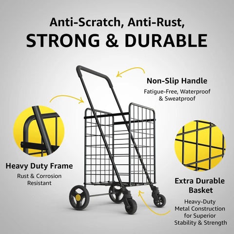 Space Savvy Shopping Cart With 360 Degree Swivel Wheels in black. Foldable, lightweight, non-slip handle, durable frame, metal basket.
