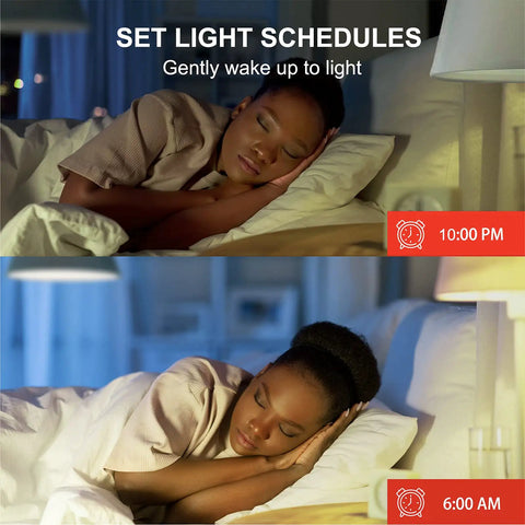 Person sleeping with Color Changing WiFi Smart Light Bulb No Hub Needed A19 RGB LED Bulb, set schedules via app at 10PM and 6AM.