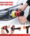 Using 12V Cordless Buffer Polisher Kit With 3 Inch Mini Car Buffer And Sander on headlight, includes accessory details