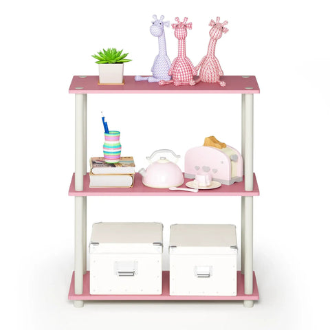 No Sweat Toolless Pink 3 Tier Open Storage Shelf, Hella Versatile Corner Book Rack For Living Room, Bedroom, Garage And Home Office Legit Organization Upgrade