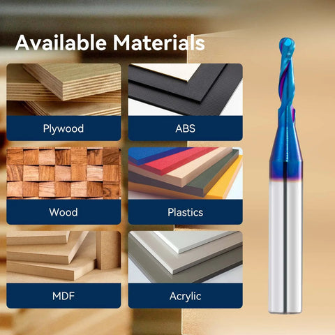 Carbide ball-nose CNC router bit with nano blue coating; 1/4 in shank, 1/8 in cut; shown beside material options grid