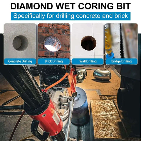 Installed diamond wet core drill bit on a drilling rig for concrete; 3-inch diameter.