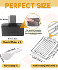 Musubi Press Mold Kit 2 Pack Clear Musubi Maker With Stainless Steel 304 Slicer, dimensions and components shown.