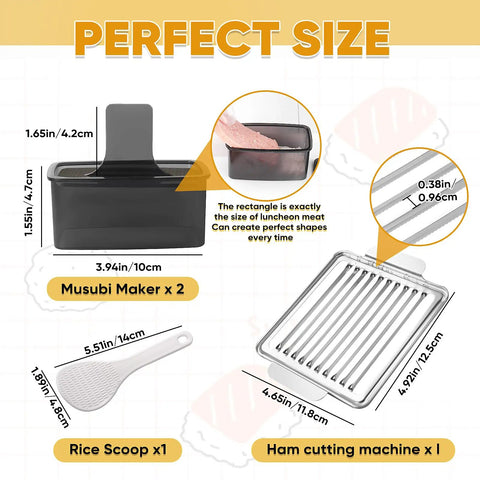 Musubi Press Mold Kit 2 Pack Clear Musubi Maker With Stainless Steel 304 Slicer, dimensions and components shown.