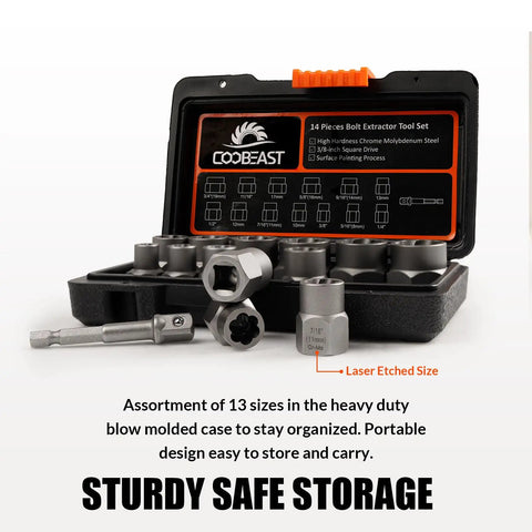 Heavy Duty 13-Piece Bolt Extractor Kit With Three Eighths Inch Adapter For Stripped Lug Nuts Rusted Bolts And Damaged Screws Easy Out Set For Quick Nut Removal in molded case