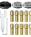 15 Piece Chuck Collet Set For Rotary Tools And Mini Drills with keyless quick change chuck, brass collet nut, various sizes displayed