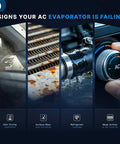 Signs your AC evaporator is failing, showing odor, corrosion, leaks, and weak airflow indicators.