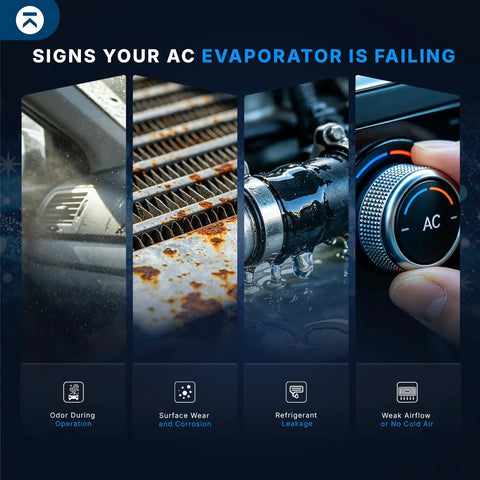 Signs your AC evaporator is failing, showing odor, corrosion, leaks, and weak airflow indicators.