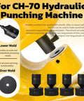 Diagram showing heavy-duty hydraulic round punch die 19.5mm in 40Cr steel for CH-70 style punch press with components and specifications.