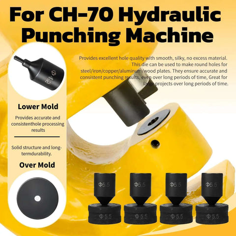 Diagram showing heavy-duty hydraulic round punch die 19.5mm in 40Cr steel for CH-70 style punch press with components and specifications.
