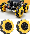 Omni Directional Mecanum Wheel Set For DIY Robot Car Projects With Grippy Rubber Coated Surface For Extra Grip Left And Right Wheel Pair For TT Motors 80mm Diameter ABS Construction Durable Smooth And Precise Movement shown installed on a robot car with close-up of wheel pair.