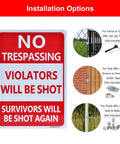 2 Pack Heavy Duty Reflective Aluminum No Trespassing Signs Violators Will Be Shot Warning For Night Visibility 14x10 Inch Yard Security Signs Weatherproof Rustproof Durable Outdoor Signage, installation options