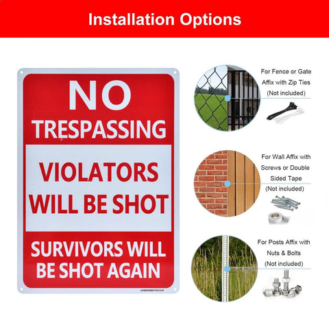 2 Pack Heavy Duty Reflective Aluminum No Trespassing Signs Violators Will Be Shot Warning For Night Visibility 14x10 Inch Yard Security Signs Weatherproof Rustproof Durable Outdoor Signage, installation options